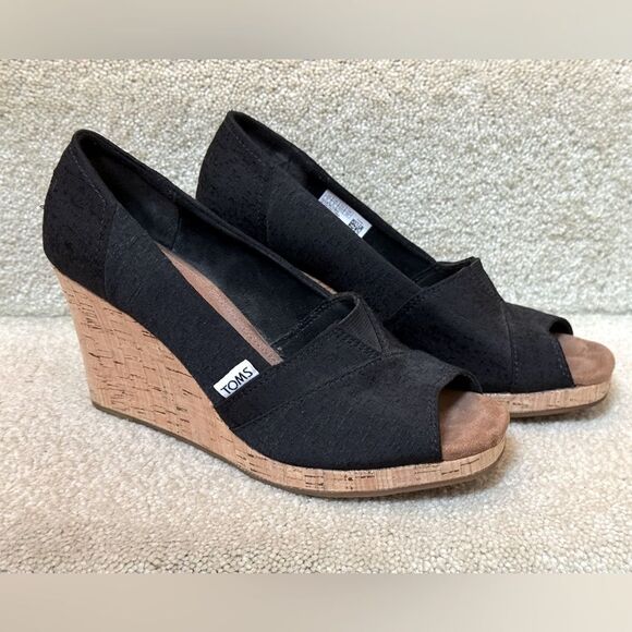 TOMS Women's Classic Espadrille Wedge Sandal Black Scattered Woven‎ Size 8 - Picture 2 of 10